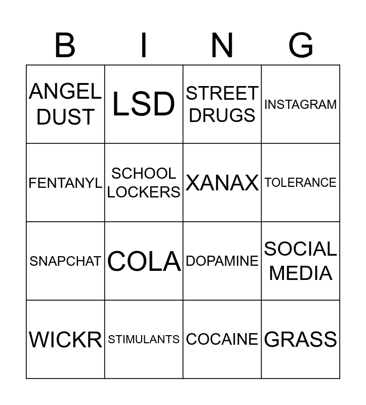Substance Abuse and Street Drugs Bingo Card