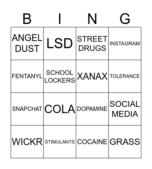 Substance Abuse and Street Drugs Bingo Card