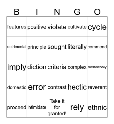 Vocabulary BINGO! Bingo Card