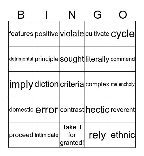 Vocabulary BINGO! Bingo Card