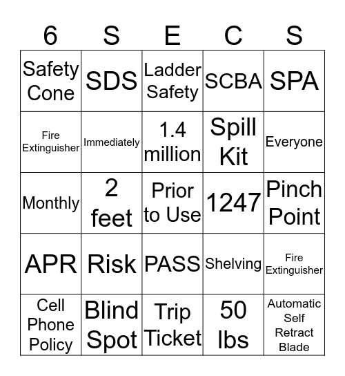 JACOBS SAFETY BINGO Card