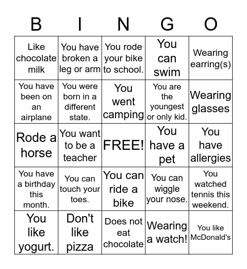 Get to know you! Bingo Card