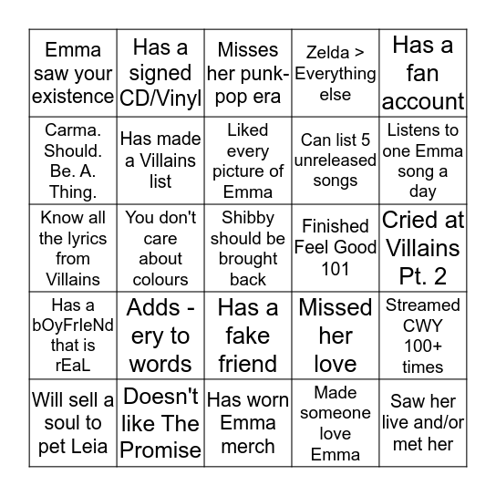 A Shibby Blackery Bingo Card