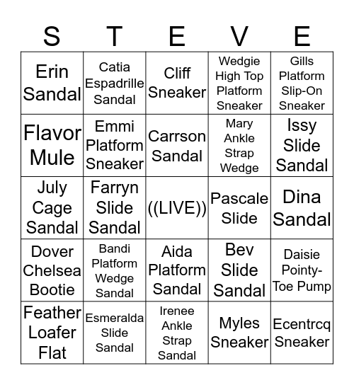 STEVE MADDEN BINGO Card