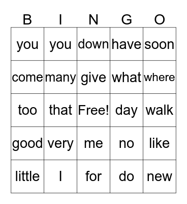 Sight Words Bingo Card