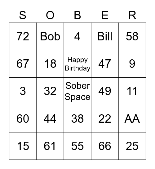 Recovery Bingo Card