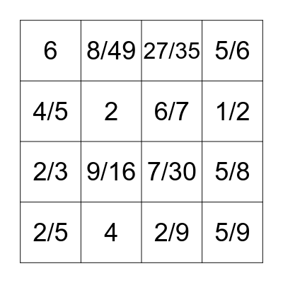 Dividing Fractions by Fractions Bingo Card