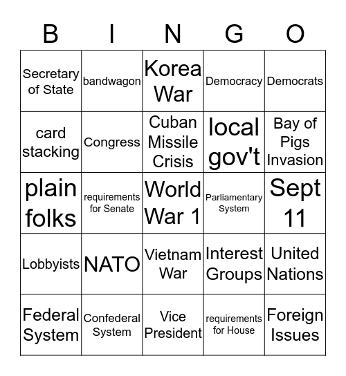 Civics Bingo Card