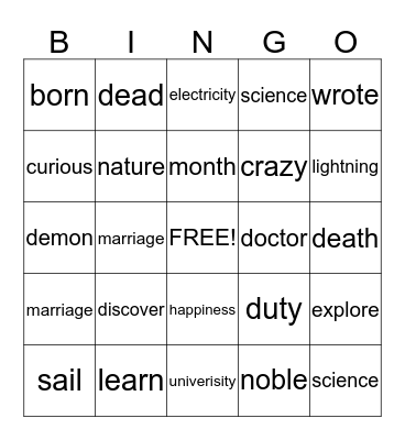 Frankenstein Bingo Card