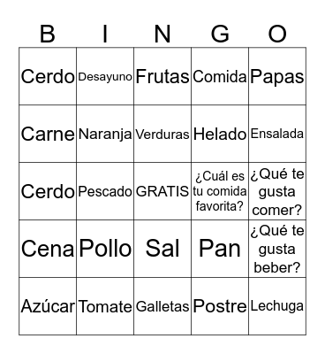 Food in Spanish Bingo Card