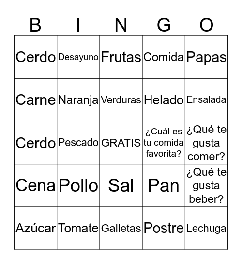 Food in Spanish Bingo Card