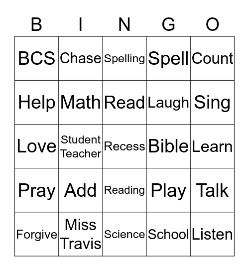 Miss Travis Bingo Card