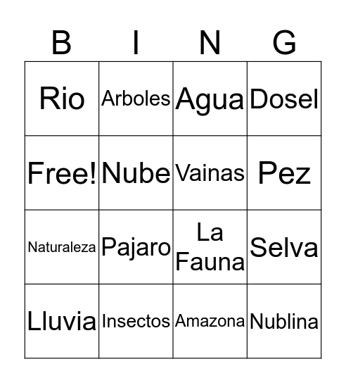 Rain forest Bingo Card