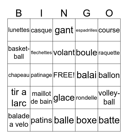 Sports Bingo Card