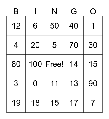 Number Bingo Card
