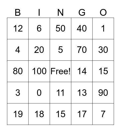 Number Bingo Card
