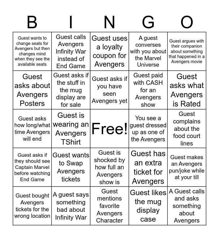 Box Office Bingo - Avengers Edition Bingo Card