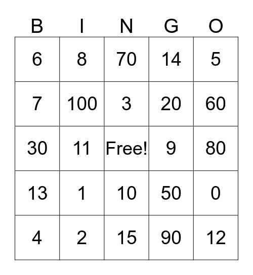 Number Bingo Card