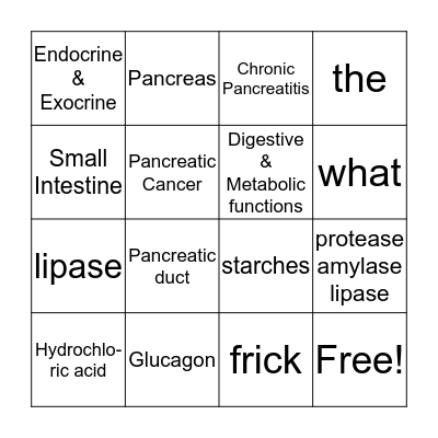 Pancreas Bingo Card