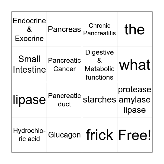 Pancreas Bingo Card