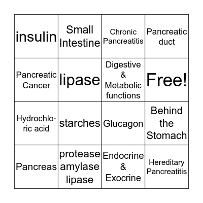 Pancreas Bingo Card