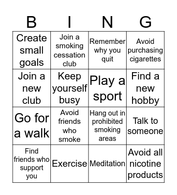Smoking Prevention Bingo Card