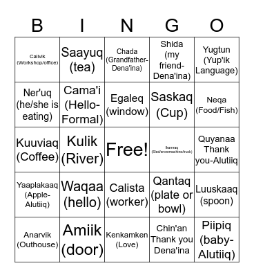 Alaska Native Language Bingo Card