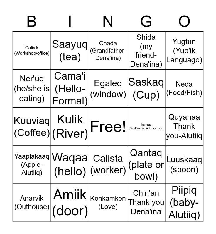 Alaska Native Language Bingo Card