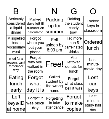 Tired Teacher Bingo Card