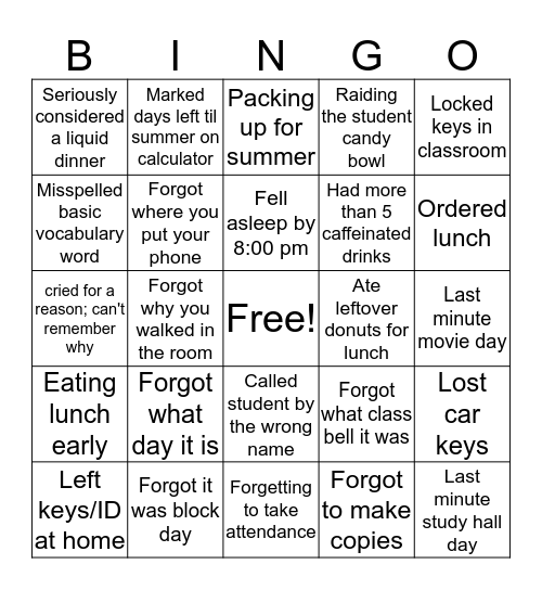 Tired Teacher Bingo Card