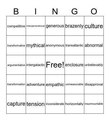 Challenge Word Bingo Card