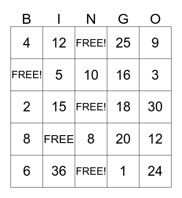 Multiplication BINGO Card