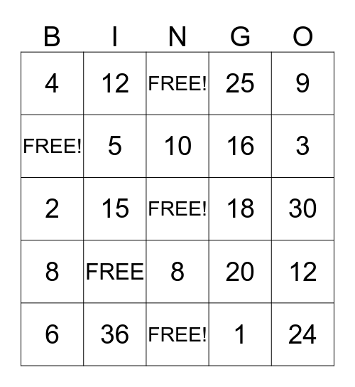Multiplication BINGO Card
