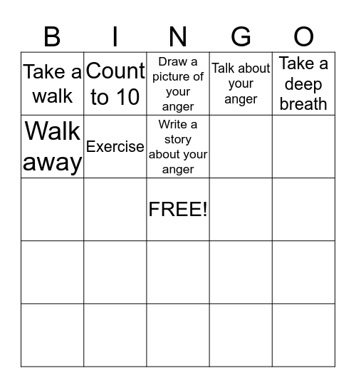 Anger Bingo Card