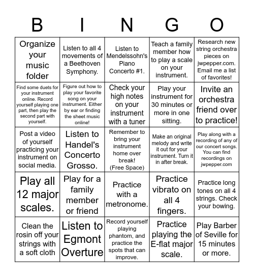 Orchestra Spring Break Bingo! Bingo Card