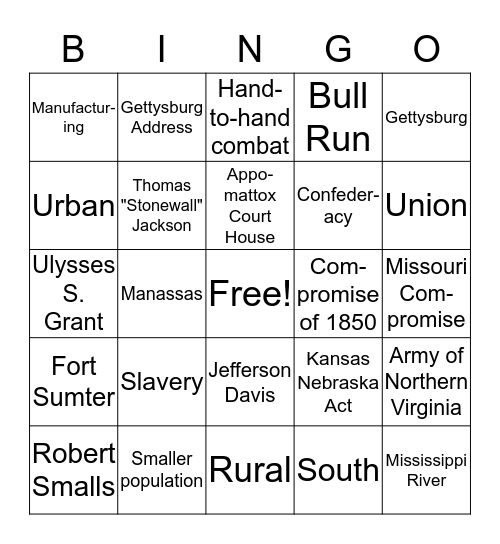 Civil War Bingo Card