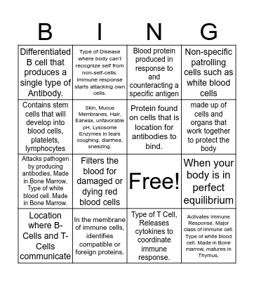 Immune System Bingo Card