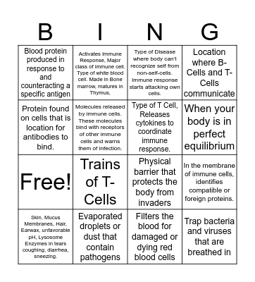 Immune System Bingo Card