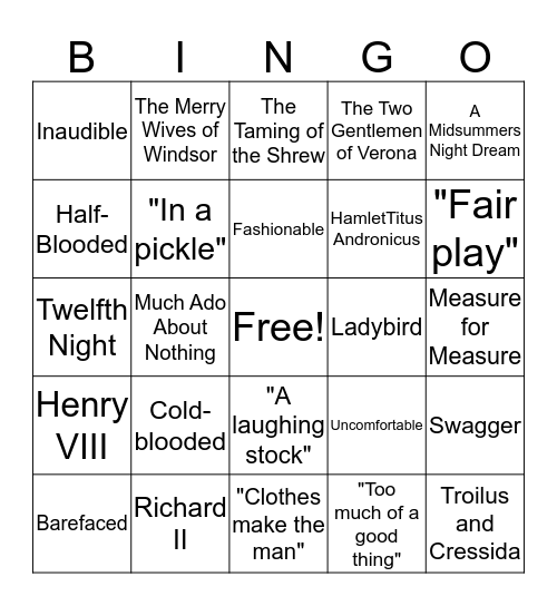 SHAKESPEARE Bingo Card