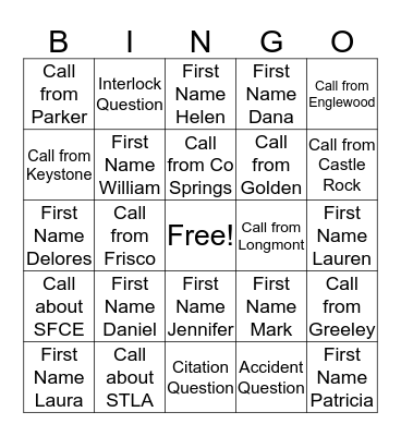 Driver Control Bingo Card