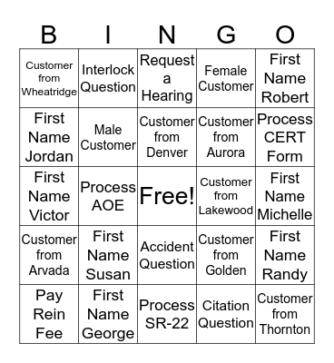 Driver Control Bingo Card