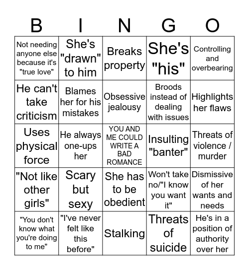 YA Romance Bingo Card