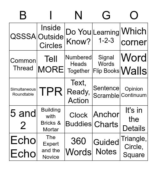 Sheltered Instruction Bingo Card