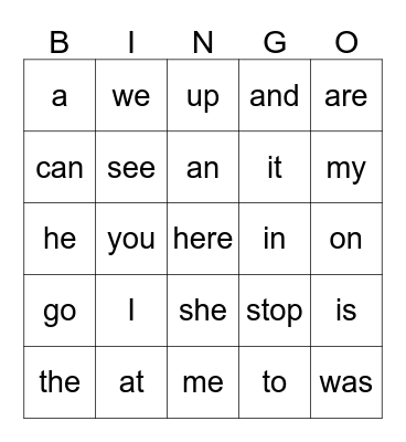 Kindergarten sight words Bingo Card