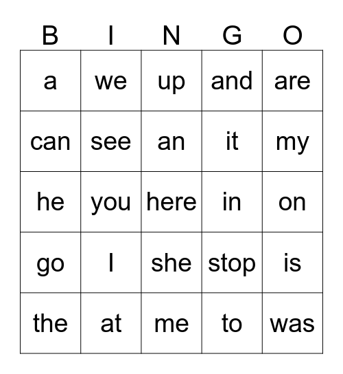 Kindergarten sight words Bingo Card