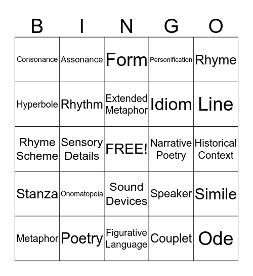 Poetry Terms Bingo Card