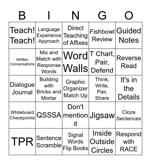 Sheltered Instruction Bingo Version 2 Bingo Card
