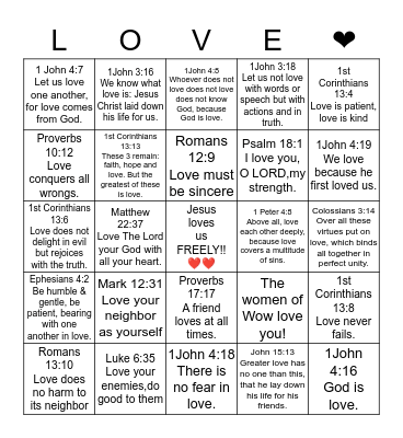 WOW welcomes you to LOVE BINGO!! Bingo Card