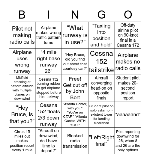 Untowered Airport Bingo Card