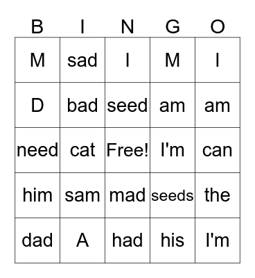 Word Bingo Card
